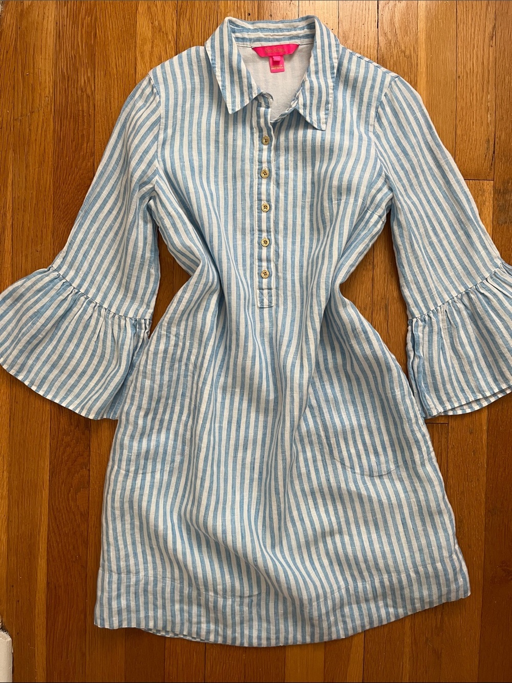 Lilly Pulitzer Sz 0 Bell Sleeve Linen Cotton Striped Mini Shirt Dress Shirtdress